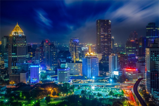 Night time cityscape photo of Bangkok, Thailand.