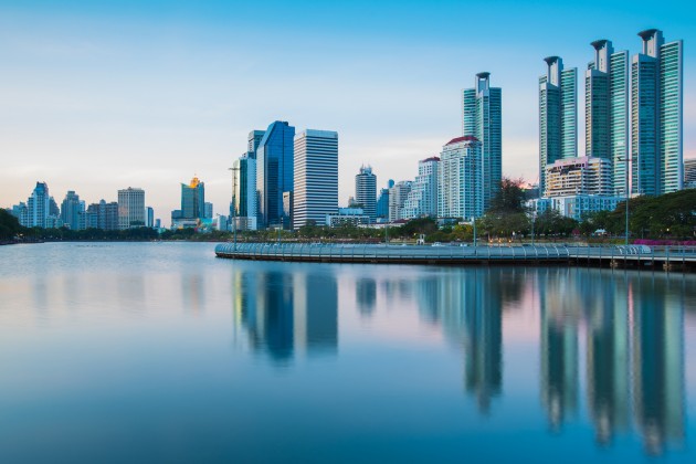 Dramatic view of commercial building in Bangkok twiligh