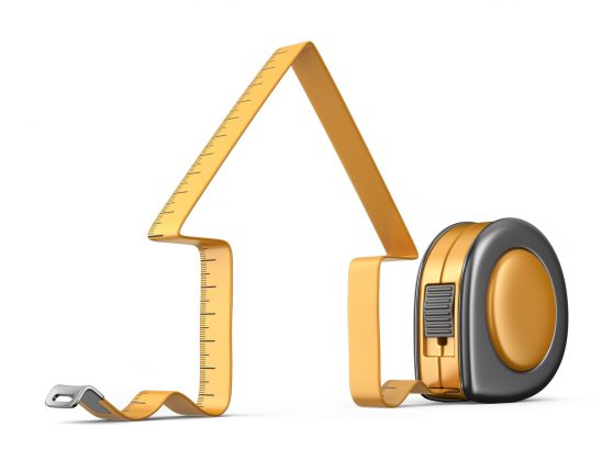 House and measuring tape 3D. Construction tool. Icon isolated on